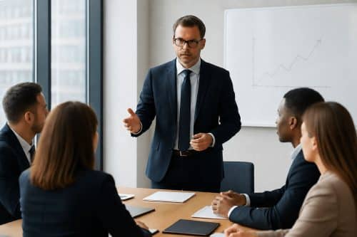 Coach présentant son activité à des clients pour illustrer la difficulté de vendre ses prestations de coaching